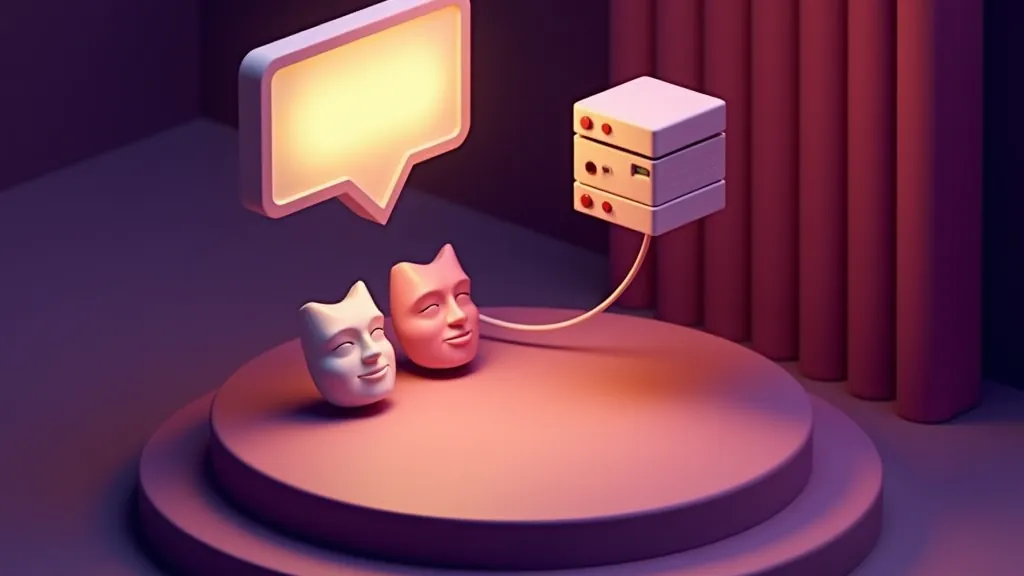Illustration of a stage with masks and chat bubbles connected by a cable to a hosted server