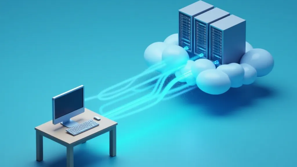Isometric illustration of a local computer and a cloud server rack linked by a glowing data line